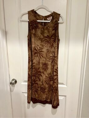 Vintage brown beaded palm tree print dress from Peppermint Bay